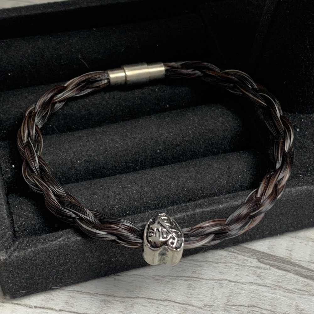 Braided Horsehair Bracelet Dark Brown Silver Heart Charm Magnetic Clasp 6.25"